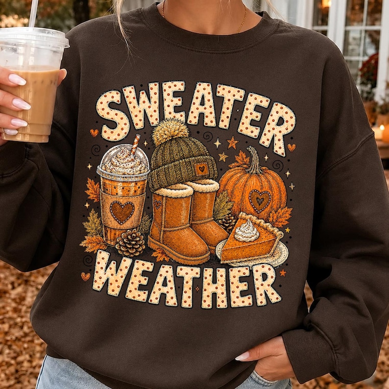May include: A dark brown crewneck sweatshirt featuring a graphic print with the text "SWEATER WEATHER" in a polka-dot font. The design includes a coffee cup, a knit beanie, a pair of tan boots, a pumpkin, and a slice of pumpkin pie.