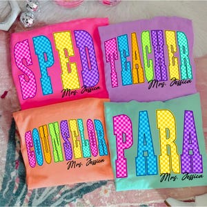 Neon Checkered School Occupation PNG Bundle, Back to School Teacher Sped Para Counselor, Preppy First Day of School Png, Hand Drawn