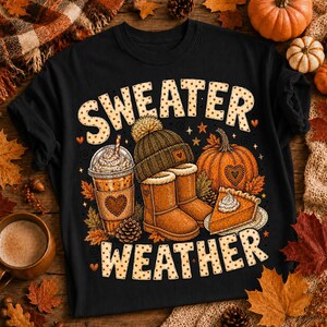 May include: A black t-shirt featuring a graphic print with the text "SWEATER WEATHER" in a dotted font. The design includes a coffee cup, a knit beanie, a pair of tan boots, a pumpkin, and a slice of pumpkin pie, all surrounded by autumn leaves.