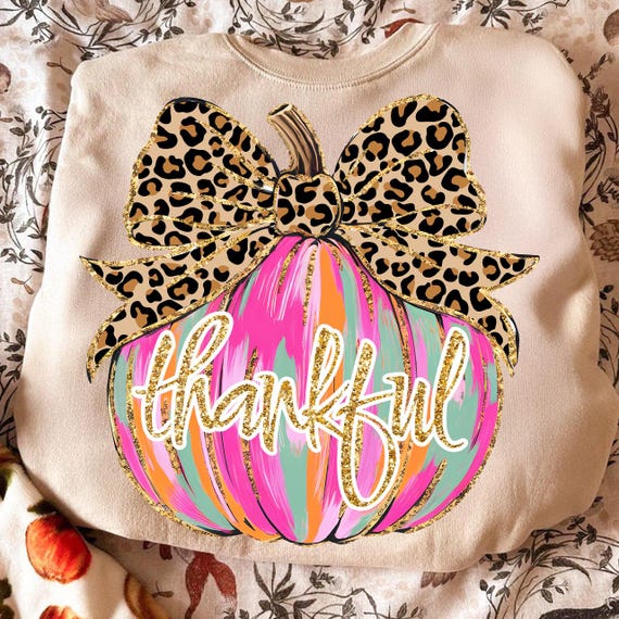 Thankful PNG, Brushtroke Pumpkin PNG, Pumpkin Season PNG, Coquette Leopard Fall Png, Coquette Pumpkin Shirt Png, Preppy Thanksgiving png