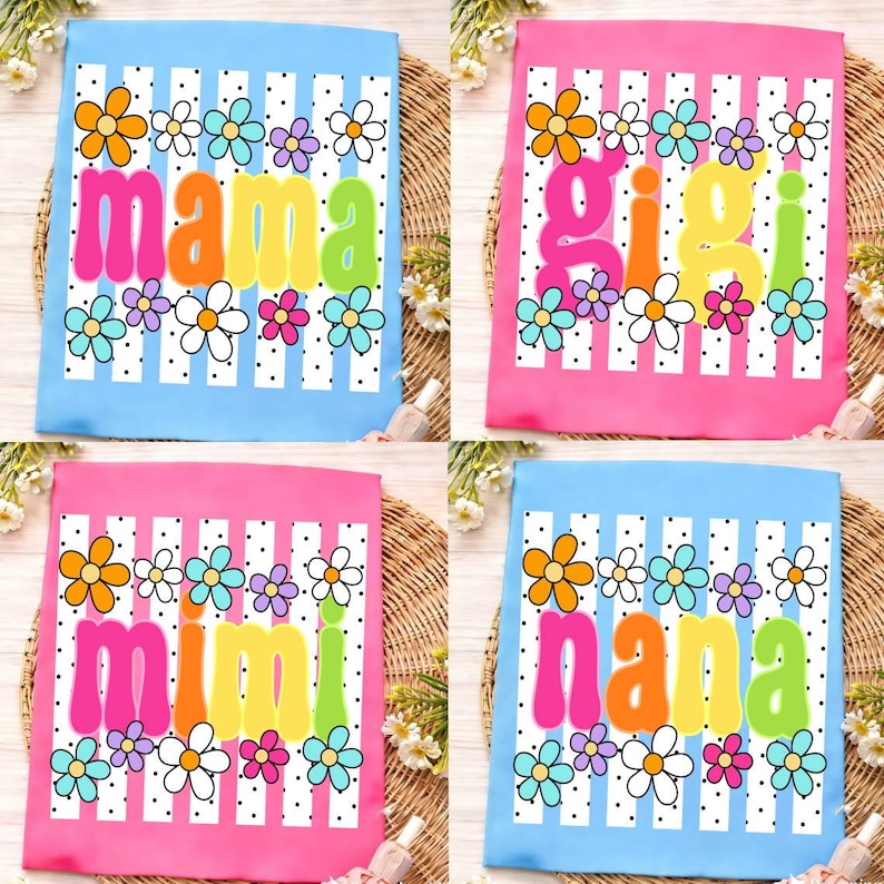 May include: Four rectangular fabric items featuring vertical white stripes with black dots. Each item displays colorful flowers and the words mama, gigi, mimi, or nana in large, rounded, multi-colored lettering across the center.