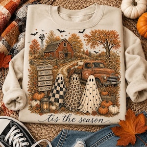 Tis The Season Ghost PNG, Pumpkin Patch Ghosts Design, Farmhouse Halloween PNG, Checkered Leopard Polka Dot Ghosts, Fall Pumpkin Shirt Png