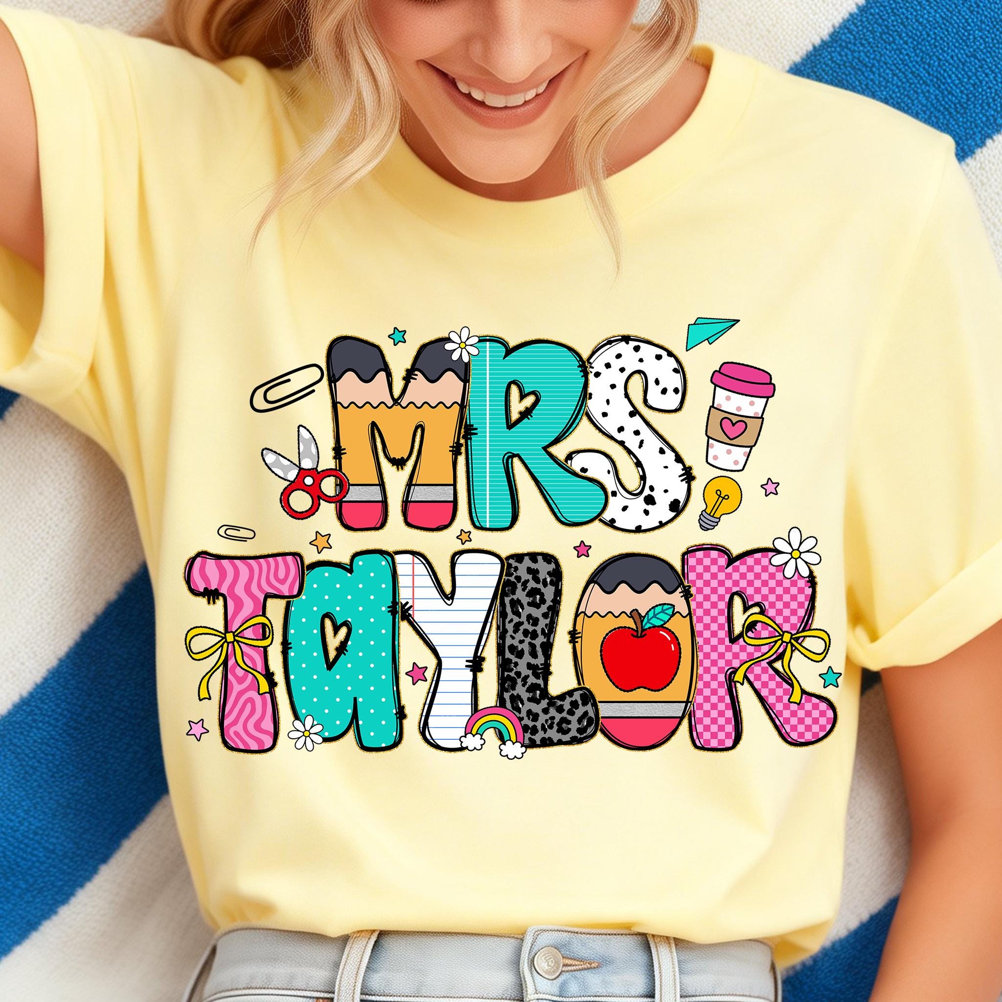 Preppy Teacher Name Pencil Coquette Bow Doodle Png, Custom Teacher Name Png, Teach Love Inspire Png, Checkered Sublimation, Leopard