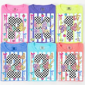 May include: Six t-shirts in pink, purple, neon yellow, blue, teal, and coral, each featuring a graphic of a checkered number or letter, school supplies like pencils and globes, and the text Pre-k, Kindergarten, 1st grade, 2nd grade, 3rd grade, or 4th grade.