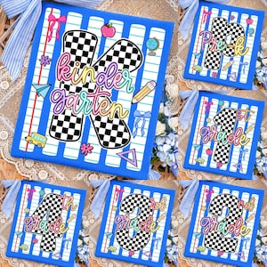 May include: A collection of rectangular signs featuring a blue and white lined paper background. Each sign displays a large checkered number or letter with colorful text, including kindergarten, Pre-K, 1st, 2nd, 3rd, and 4th grade, decorated with small icons like school buses, pencils, and bows.
