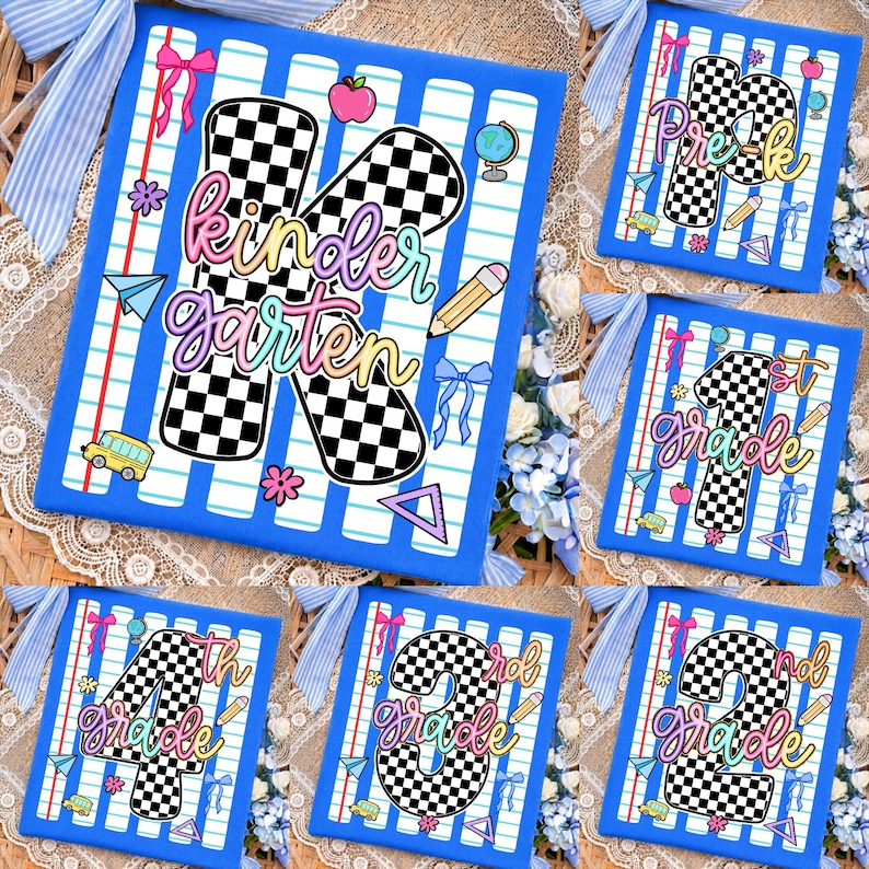 May include: A collection of rectangular signs featuring a blue and white lined paper background. Each sign displays a large checkered number or letter with colorful text, including kindergarten, Pre-K, 1st, 2nd, 3rd, and 4th grade, decorated with small icons like school buses, pencils, and bows.