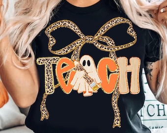 Preppy TEACH Fall Ghost Boo Leopard Png, Spooky Coquette PNG, Teacher Pencil Ghost PNG, Halloween Teacher Png, Fall Png, Ghost Teacher Png