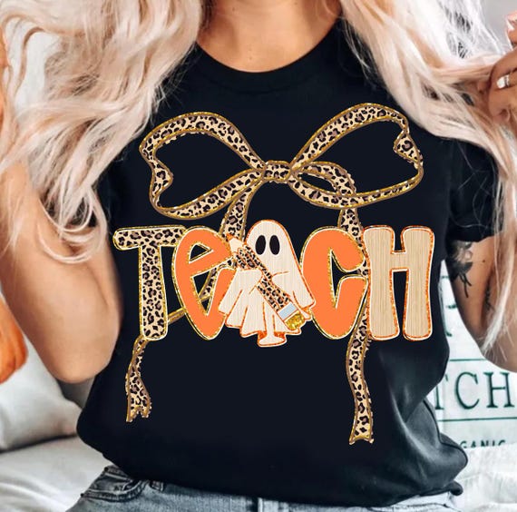 Preppy TEACH Fall Ghost Boo Leopard Png, Spooky Coquette PNG, Teacher Pencil Ghost PNG, Halloween Teacher Png, Fall Png, Ghost Teacher Png