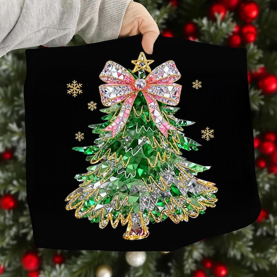 Preppy Rhinestone Christmas Tree Png, Faux Sequins Christmas Png, Crystal Mosaic Holiday Sublimation, Sparkle Christmas Png, Coquette Bow