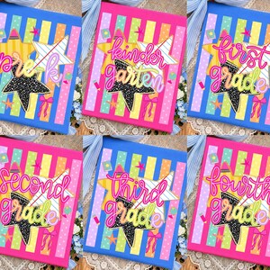 May include: A collection of six square signs featuring colorful vertical stripes and polka dots. Each sign displays a large yellow star, a white lined star, and a black glitter star with school-themed icons and text reading pre-k through fourth grade.