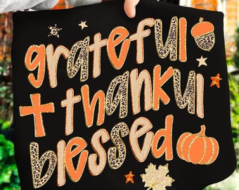 Grateful Thankful Blessed Png, Preppy Leopard Pumpkin PNG, Halloween PNG, Faux Glitter Png, Christian Fall Coquette Png, Fall Pumpkin Png
