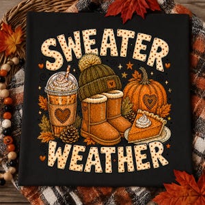 May include: A black t-shirt featuring a graphic print with the text SWEATER WEATHER in polka-dot letters. The design includes a coffee cup, a knit beanie with a pom-pom, a pumpkin, and a slice of pumpkin pie, all surrounded by autumn leaves.