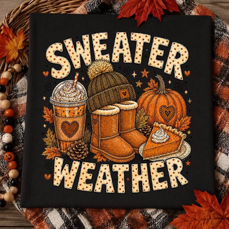 May include: A black t-shirt featuring a graphic print with the text SWEATER WEATHER in polka-dot letters. The design includes a coffee cup, a knit beanie with a pom-pom, a pumpkin, and a slice of pumpkin pie, all surrounded by autumn leaves.