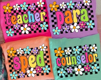 Neon School Occupation PNG Bundle, Floral Back to School Teacher Sped Para Counselor, Floral First Day of School Png, Checkered Teacher Png