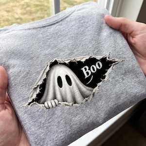 Funny Halloween Ghost Boo Design PNG, Reverse Applique Fall Ghost Design, Rustic Sublimation Shirt Graphic,Stitched Fabric Spooky Seaso
