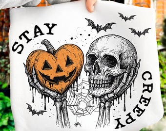 Stay Creepy PNG, Retro Dripping Heart Halloween Png, Skeleton Hand Spooky Graphic, Grunge Horror Sublimation Design Trendy Png, Skeleton Png