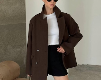 Oversized Wool Blend Coat | Brown Coat with Belt