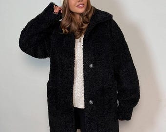 Black Faux Fur Coat | Oversized Winter Suede Jacket, Handmade in Ukraine