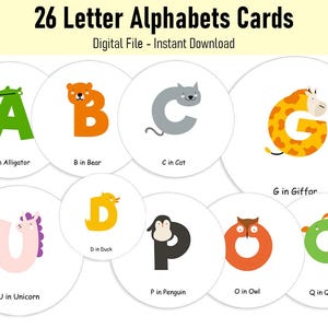 26 Alphabets with Animal Letters Flashcards, Montessori Flashcards, Pre-School Materials, Instant Download Education Printable Cards