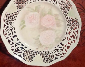 Schumann Germany F Scalloped reticulated 1950s handprints pink floral plate gold rim hand decorated