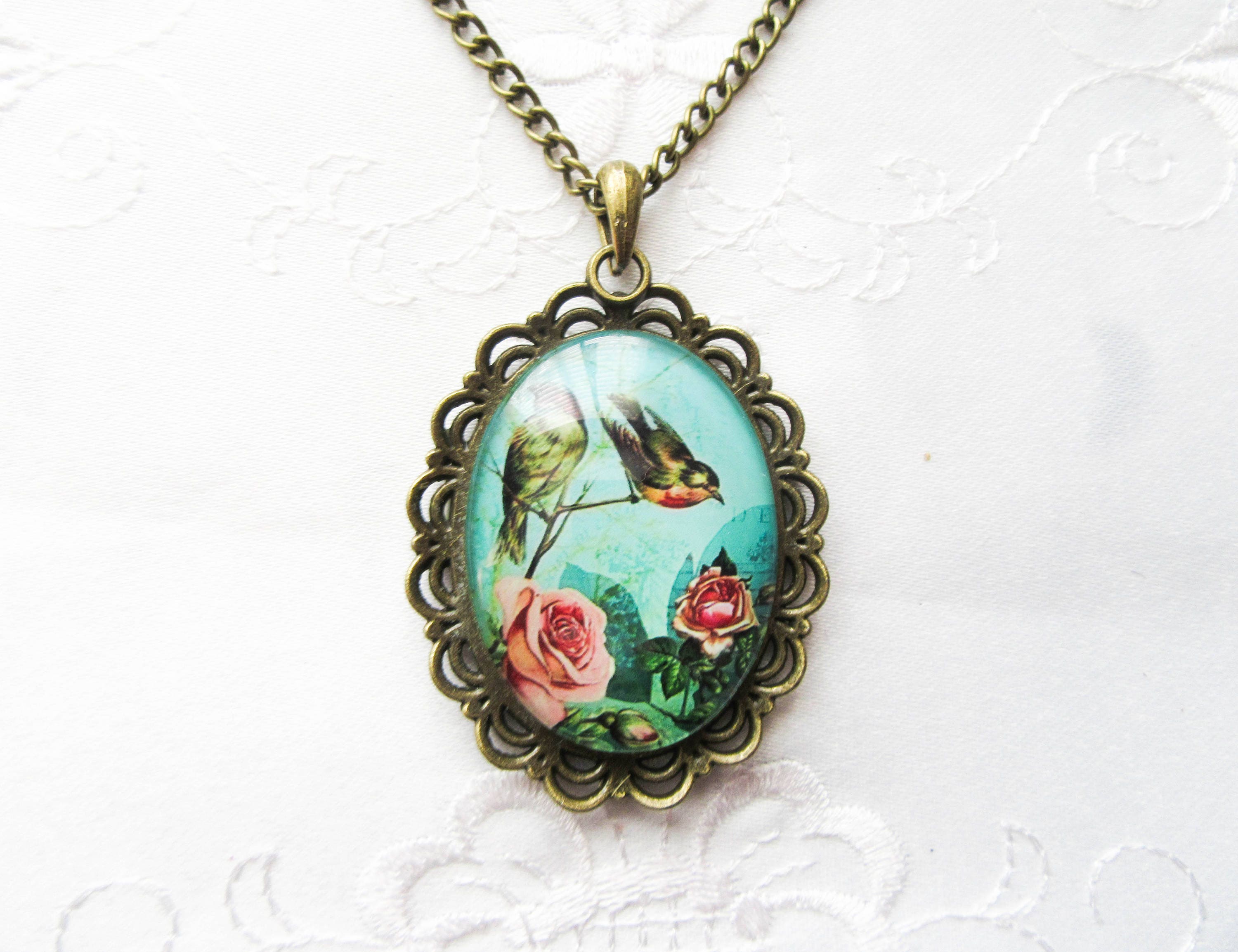 Vintage Bird Necklace / Glass Cameo Necklace / Glass Cabochon Etsy