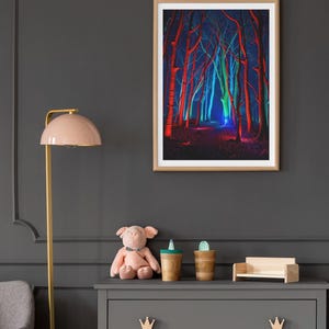 Neon Tree Forest Twilight Poster Vibrant Landscape Wall Art for Nature Lovers Modern Bedroom Decor Psychedelic Trees Print Night Forest