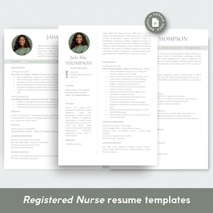 May include: A set of three Registered Nurse resume templates. Each template features a headshot, contact information, work experience, education, core skills, and certifications. The resumes are in a minimalist design with a light green accent color.