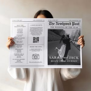 Op de afbeelding: Een trouwadvertentie in krantenstijl met de titel "The Newlywed Post", de trouwdatum en de locatie. De advertentie bevat details over de bruiloftsgasten, informatie over cadeaus en een foto van het bruidspaar. De tekst "SARAH and JACK BEGIN THEIR JOURNEY" is ook zichtbaar.