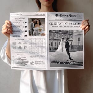 Op de afbeelding: Een huwelijksaankondiging in krantenstijl, getiteld "The Wedding Times", met foto's van de bruid en bruidegom. Het bevat een woordzoeker, gastprijzen en leuke weetjes. De datum is 8 augustus 2027 in Los Angeles.