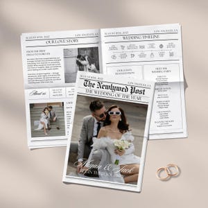 Op de afbeelding: Een trouw-krant met de kop "The Newlywed Post" en de tekst "The Wedding of the Year". De krant bevat foto's van het bruidspaar, huwelijksdetails en de tekst "Megan & Jack Begin Their Journey". Twee gouden trouwringen zijn zichtbaar.