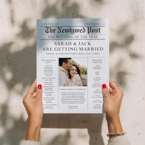 Op de afbeelding: Een huwelijksaankondiging in krantenstijl, getiteld "The Newlywed Post", met de aankondiging van het huwelijk van Sarah & Jack. Het bevat een huwelijksplanning en een foto van het paar. De datum is 25 juni 2027, in Los Angeles.