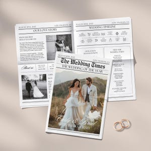 Op de afbeelding: Trouwkrant met de kop "The Wedding Times" en de tekst "The Wedding of the Year". De krant bevat foto's van het paar, huwelijksdetails en de tekst "Carly & Brad Begin Their Journey."