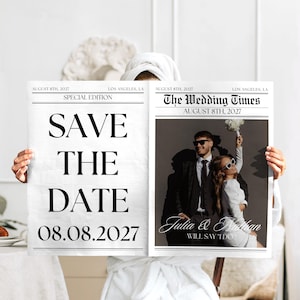 Op de afbeelding: Een huwelijksaankondiging in krantenstijl met de kop "Save the Date" en de datum 08.08.2027. De rechterkant toont een foto van een stel, met de titel "The Wedding Times" en de namen van het bruidspaar.