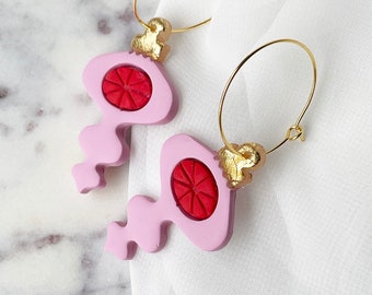 Retro Deco Pink and Red Ornament Hoop Earrings  - Polymer Clay