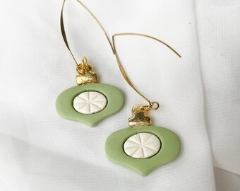Vintage-Style Deco Light Green and White Ornament Hook Dangle Earrings  - Polymer Clay