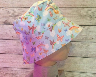 BUCKET HAT, Children Sun Hat, Chin Strap, Sun Hat, Play School Hat, Toddler Sun Hat, Child Sun Hat, Rainbow Butterflies on Blue, BHD22