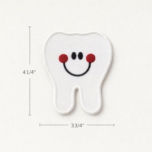 May include: White embroidered tooth patch with a smiling face, featuring red circles for cheeks and black dots for eyes. The patch measures 10.8 cm tall and 9.5 cm wide.