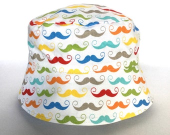 Mustache Sun Hat / Mustache Bucket Hat / Toddler Sun Hat / Baby Sun Hat / Mustache Hat / Mustaches on White - Reversing to a Grey / BHD17