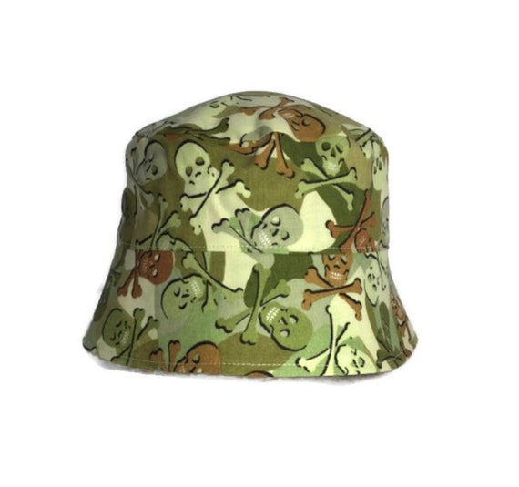 Bucket Hat, Camo Skull Sun Hat, Children Sun Hat, Chin Strap Cap