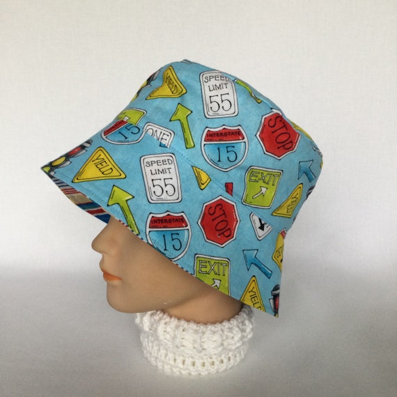 4PennyGirl Bucket Hat, Sun Hat, Beach Hat, Child Bucket Hat, Kids, Fishing Sun Hat, Baby Hat, Chin Strap, Toddler Hat, Road Signs On Blue, Youth, BH10