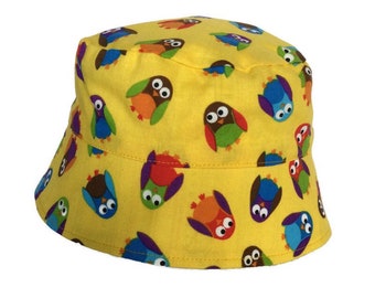 Owl Sun Hat / Owl Bucket Hat / Toddler Sun Hat / Baby Sun Hat / Owl Hat / Beach Sun Hat / Infant Sun Hat / Fun Owls / Yellow Sun Hat / BHD19