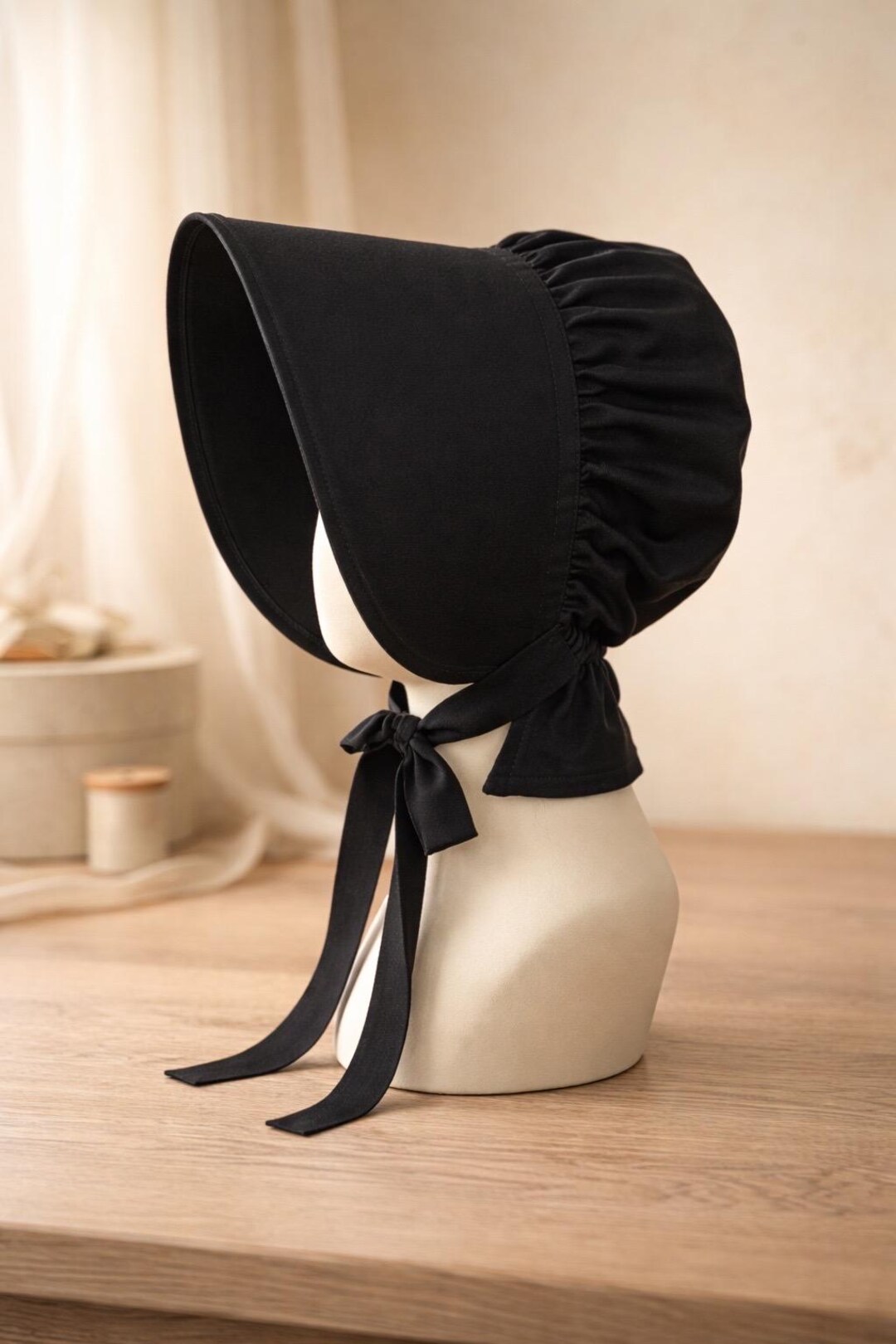 Black Pioneer Bonnet, Gothic Cottagecore Sun Hat, Historical