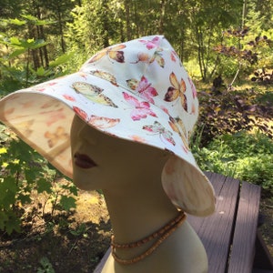 Butterfly Sun Hat, Cream Ladies Sun Hat, Floppy Hat, Gardening Hat, Vacation Hat, Light Weight Reversible Sun Hat, Sun Hat, Butterfly, LH50 image 1