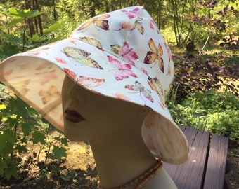Butterfly Sun Hat, Cream Ladies Sun Hat, Floppy Hat, Gardening Hat, Vacation Hat, Light Weight Reversible Sun Hat, Sun Hat, Butterfly, LH50