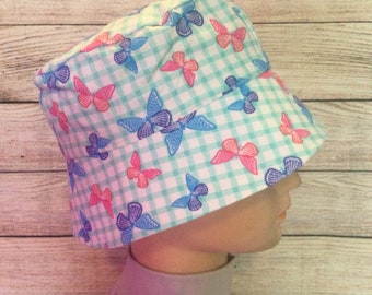 Cotton Toddler Sun Hat / Childrens Sun Hat with or without a Chin Strap, Gender Neutral / Play School Hat /  Butterflies on Squares / BH16