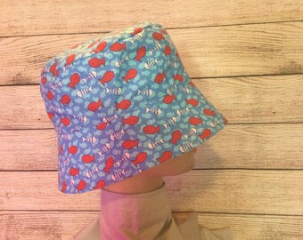 BUCKET HAT, Children Sun Hat, Chin Strap, Sun Hat, Play School Hat, Toddler Sun Hat, Child Sun Hat, Red Fish, Fishing Hat, BHD39