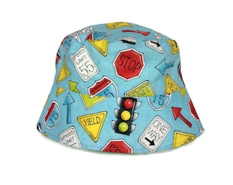 Bucket Hat, Sun Hat, Beach Hat, Child Bucket Hat, Kids, Fishing Sun Hat, Baby Hat, Chin Strap, Toddler Hat, Road Signs on Blue, Youth, BH10