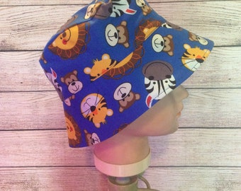 BUCKET HAT, Children Sun Hat, Chin Strap, Sun Hat, Play School Hat, Toddler Sun Hat, Child Sun Hat, Zoo Animals on Blue Hat, Lion, BHD29