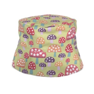 Mushroom Sun Hat / Mushroom Bucket Hat / Toddler Sun Hat, Baby Sun Hat, Funky Mushrooms, Infant Sun Hat, Mushrooms on Pale Yellow Hat, BHD08