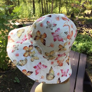 Butterfly Sun Hat, Cream Ladies Sun Hat, Floppy Hat, Gardening Hat, Vacation Hat, Light Weight Reversible Sun Hat, Sun Hat, Butterfly, LH50 image 2
